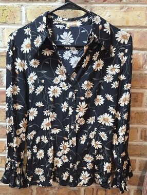 Michael Kors Black Button-Down Top with Cream Daisy Print